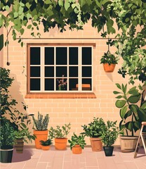 Canvas Print - Window with Green Plants and a Brick Wall