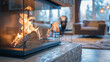 © Евгений Архипов - A close-up of a two-sided fireplace in a modern living room, with flames visible from both sides of the partition.