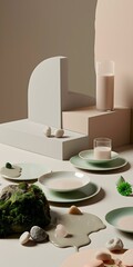 Poster - Minimalist Still Life Photography with Green Plates and White Stones