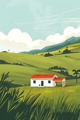 Poster - Green Hills Landscape With White House Illustration