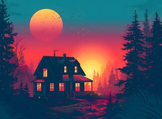 Canvas Print - Sunset Illustration With House and Trees