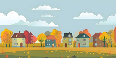 Sticker - Fall Landscape Illustration with Colorful Houses and Trees