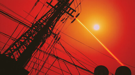 At sunset in Jakarta, Indonesia, a close-up view from below shows electricity overhead power lines with a digital laser beam, set against an industrial technology backdrop.