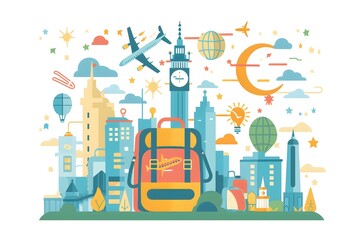 Travel Illustration with Backpack and Cityscape