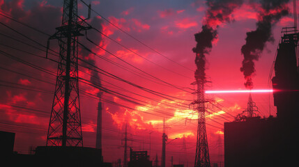 At sunset in Jakarta, Indonesia, a close-up view from below shows electricity overhead power lines with a digital laser beam, set against an industrial technology backdrop.