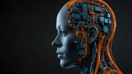 Poster - Cybernetic Woman: A captivating portrait of a futuristic woman with intricate cybernetic enhancements, her glowing circuitry illuminating a room of digital displays. 