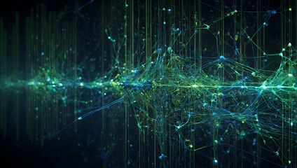 Poster - Neural Network Symphony: A mesmerizing dance of data, visualized as vibrant green and blue nodes interconnected by intricate pathways, representing the flow of information in an artificial intelligenc