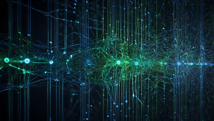 Poster - Neural Network Symphony: A mesmerizing dance of data, visualized as vibrant green and blue nodes interconnected by intricate pathways, representing the flow of information in an artificial intelligenc