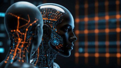 Poster - Cybernetic Woman: A captivating portrait of a futuristic woman with intricate cybernetic enhancements, her glowing circuitry illuminating a room of digital displays. 