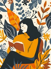 Canvas Print - Woman Reading a Book in a Floral Illustration