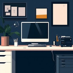 Canvas Print - Minimalist Home Office Desk with Computer, Plant and Supplies