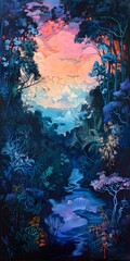 Sticker - Magical Forest Landscape with Blue Sky and Clouds