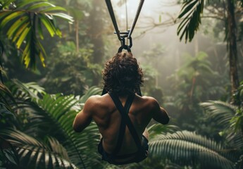 Man on a Zipline in a Lush Tropical Rainforest