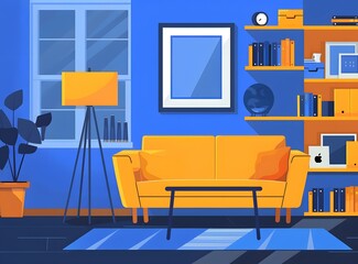 Canvas Print - Modern Living Room Interior Design with Blue and Yellow Color Scheme