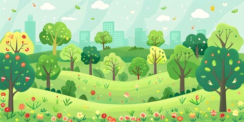 Poster - Springtime City Park Illustration with Green Trees and Flowers