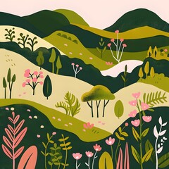 Abstract Illustration of a Lush Green Landscape with Hills and Flowers