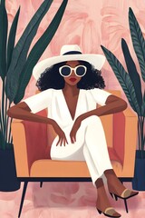 Canvas Print - African American Woman In White Outfit Sitting In Chair With Hat and Sunglasses