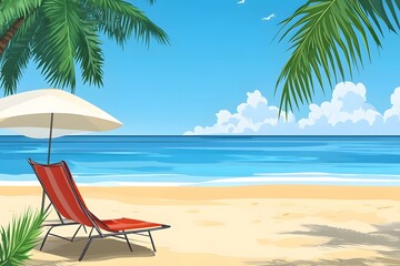 Poster - Relaxing Beach Scene With Palm Tree and Lounger