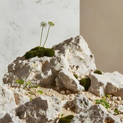 Poster - Minimalist Still Life with Rocks, Moss, and Flowers