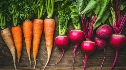 Freshly harvested root vegetables like carrots, beets, and radishes arranged on a wooden board, top view