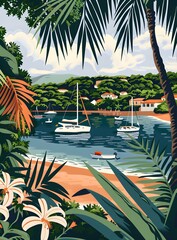 Sticker - Tropical Beach With Palm Trees And Sailboats