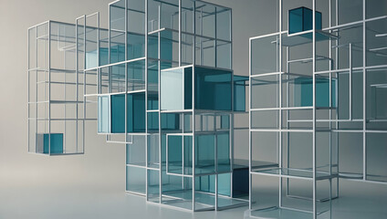 Poster - Abstract Geometric Structure: A mesmerizing abstract composition of interconnected cubes and geometric shapes, rendered in cool tones of blue and white, creates a sense of order within chaos, inviting