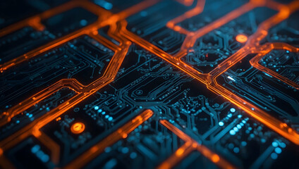 Poster - Glowing Circuitry: A high-tech CPU pulsates with energy, illuminating the intricate network of a motherboard in shades of orange and blue. 