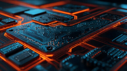 Poster - Glowing Circuitry: A high-tech CPU pulsates with energy, illuminating the intricate network of a motherboard in shades of orange and blue. 