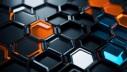 Poster - Hexagonal Harmony: A symphony of vibrant orange, blue, and white hexagons interlock in a sleek, futuristic design.  