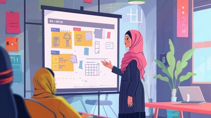 Aufkleber - Expressive Project Manager Talking on a Team Meeting in Creative Agency Conference Room. Arab Female Showing Business Plan Presentation. Project Plan Presentation on Digital Whiteboard Monitor