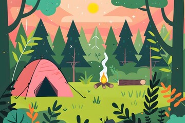 Camping Tent In The Forest At Sunset