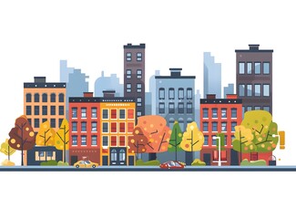 Sticker - Autumn Cityscape with Colorful Buildings and Trees