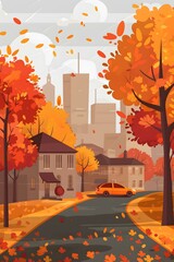 Sticker - Autumn Cityscape with Fallen Leaves and a Car