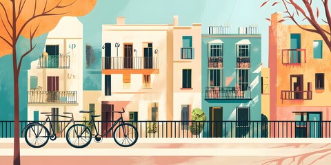 Sticker - Colorful Buildings with Balconies and Bikes