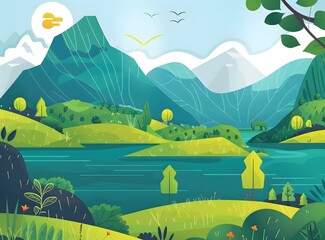 Poster - Illustrated Green Landscape with Mountains, Lake and Sun