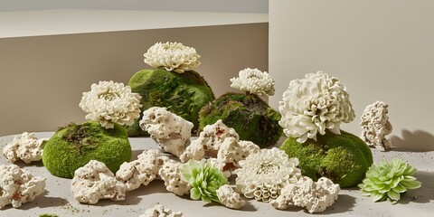 White Flowers with Moss Rocks and Coral