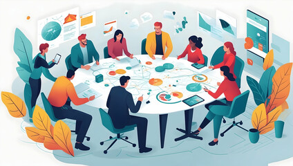 Poster - Team Brainstorming: A diverse group of professionals collaborate around a table,  engaging in a lively discussion surrounded by data and ideas. This illustration captures the energy and creativity of 
