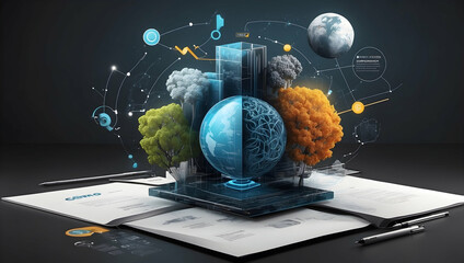 Poster - The Connected World: A conceptual illustration of a futuristic world where technology and nature intertwine, symbolized by a 3D globe embedded in a digital interface. The image evokes a sense of inter