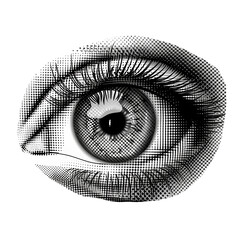 Poster - detailed human eye with iris and pupil in halftone gradient made of dots, isolated on clear white background