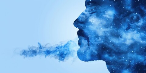 Man exhaling blue smoke with a cosmic design against a light blue background