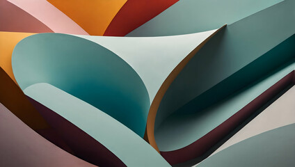 Wall Mural - Chromatic Curves: A symphony of teal, peach, and ochre paper folds into an abstract, modern art form.  