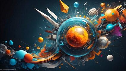 Poster - global innovation explosion: a vibrant, abstract 3d rendering of earth erupting with colorful shapes