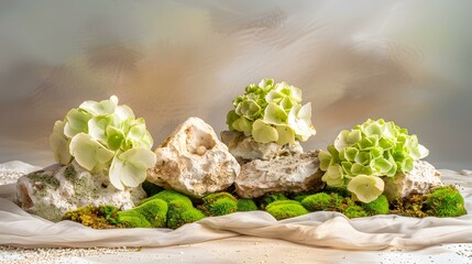 Canvas Print - Green Hydrangea Flowers on Rocks and Moss