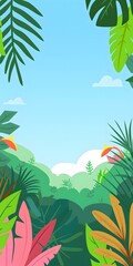 Canvas Print - Tropical Jungle Landscape Illustration with Lush Green Leaves and Blue Sky