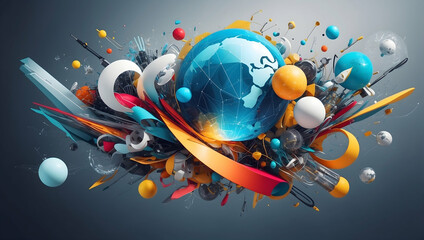 Poster - global innovation explosion: a vibrant, abstract 3d rendering of earth erupting with colorful shapes