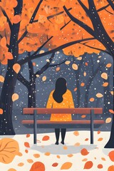 Sticker - Woman Sitting on Bench in Autumn Forest