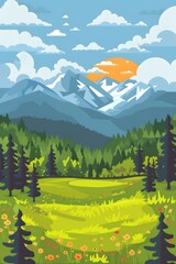 Poster - Green Meadow Mountain Landscape Illustration