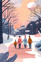 Wall Mural - Family Walking in the Snow Covered Park