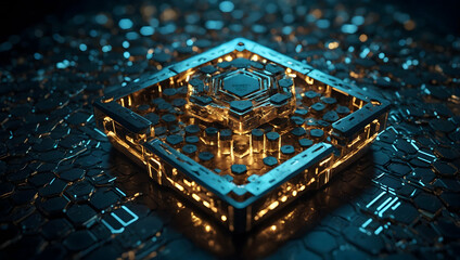 Poster - Quantum Core: A mesmerizing 3D render of a futuristic, glowing microchip pulsates with energy, showcasing the intricate beauty and power of advanced technology. 