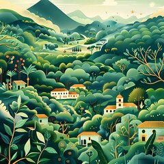 Poster - Green Forest Village With Hills in the Background